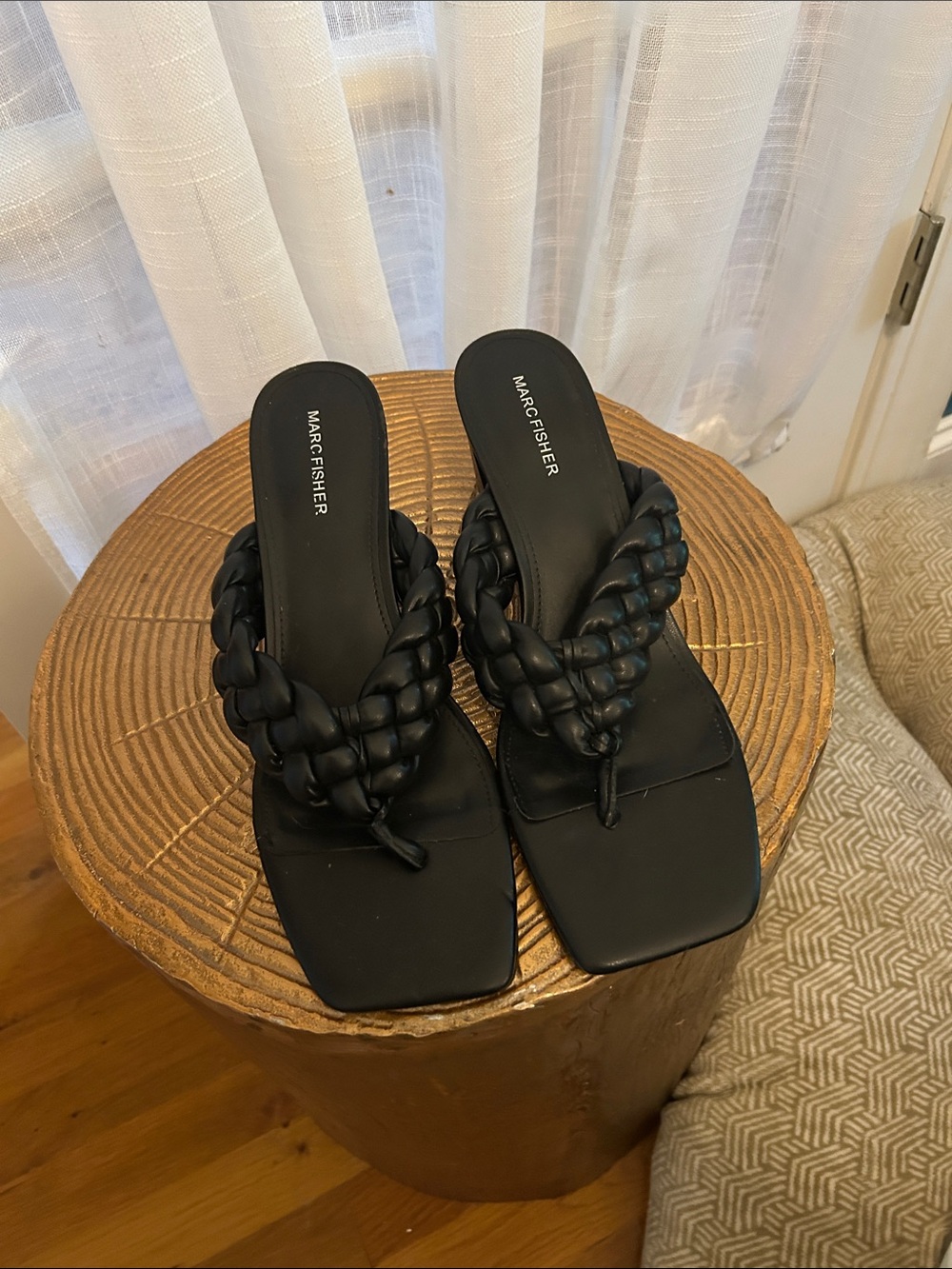 Marc Fisher Black Braided Square-Toe Thong Sandals